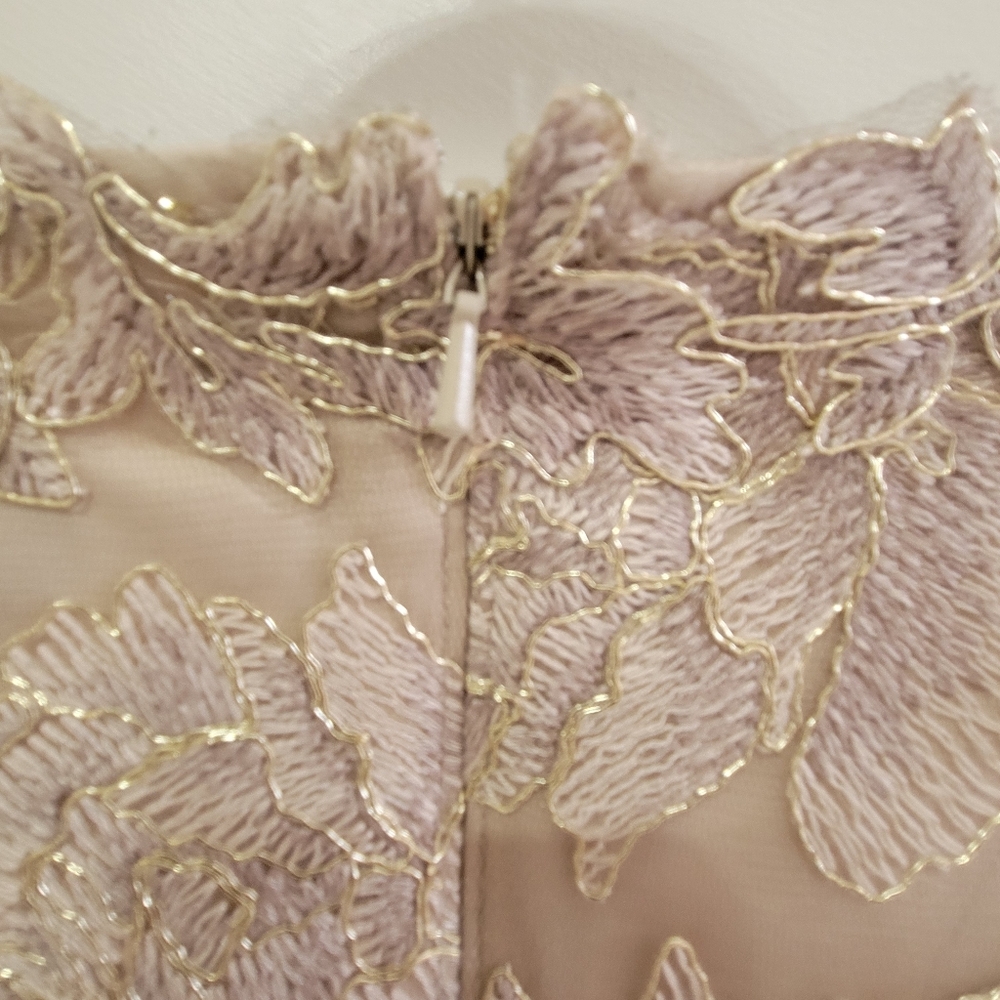 Tadashi Shoji Sz 8 Maci Gold Lace V-Neck Floral Embroidered Lined Cocktail Dress - Picture 5 of 16